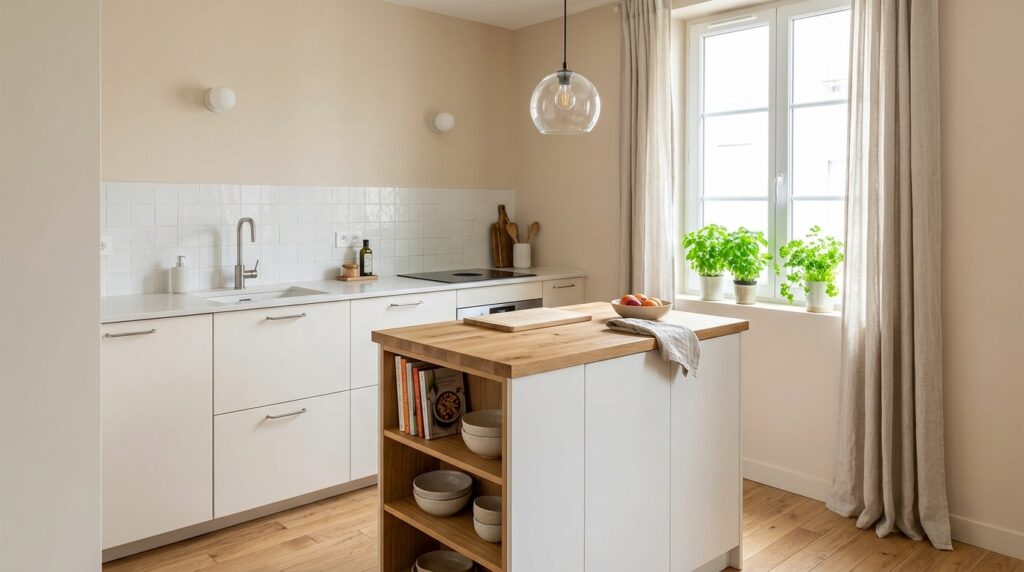 aménagement de petite cuisine avec un îlot central