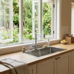 Cuisine contemporaine lumineuse avec un évier intégré au plan de travail sous une fenêtre donnant sur un jardin.