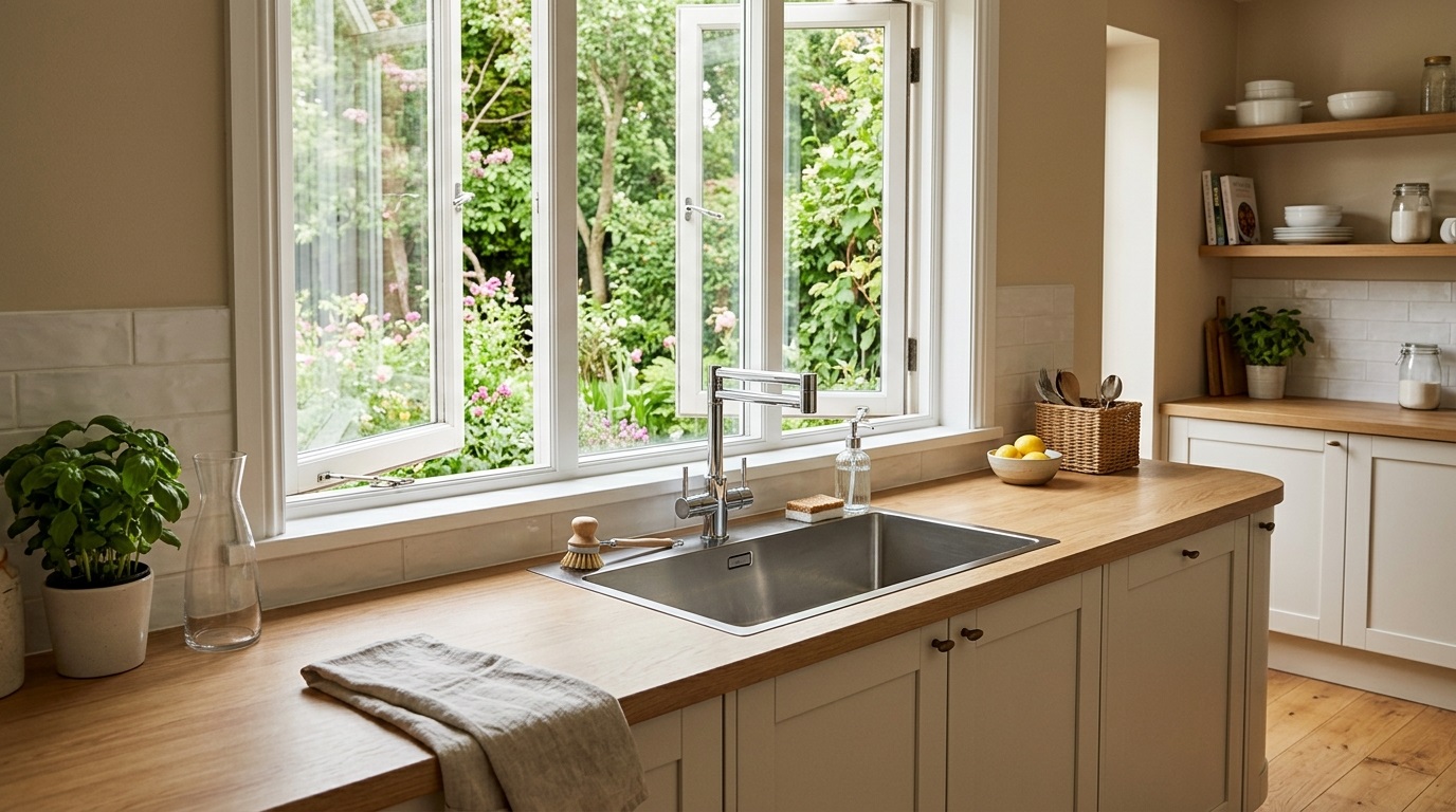 Cuisine contemporaine lumineuse avec un évier intégré au plan de travail sous une fenêtre donnant sur un jardin.